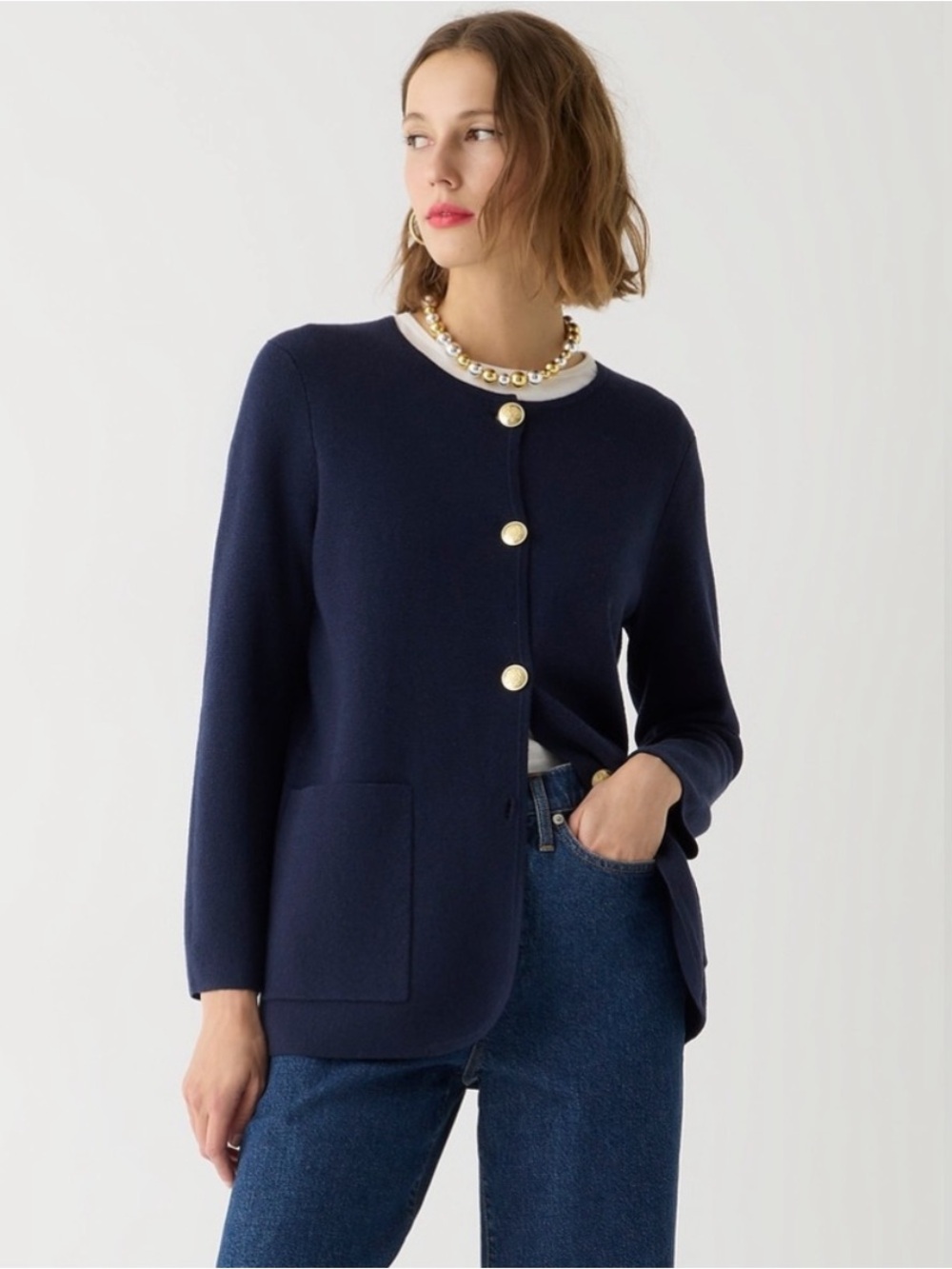 J. Crew Sweater Giselle Blazer Knit Cardigan Navy with Gold Buttons Size Medium